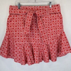 Never A Wallflower Red White Geometric Cotton Ruffle Mini Skirt Tie Belt Large